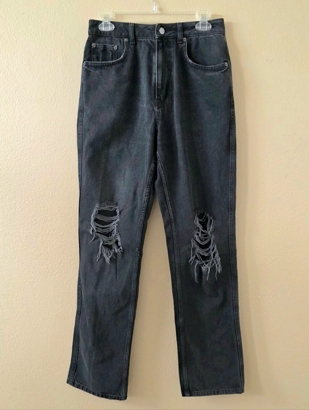 NA-KD Womens Black Distressed Straight Fit Denim Jeans - Size 6 (EUR 38)